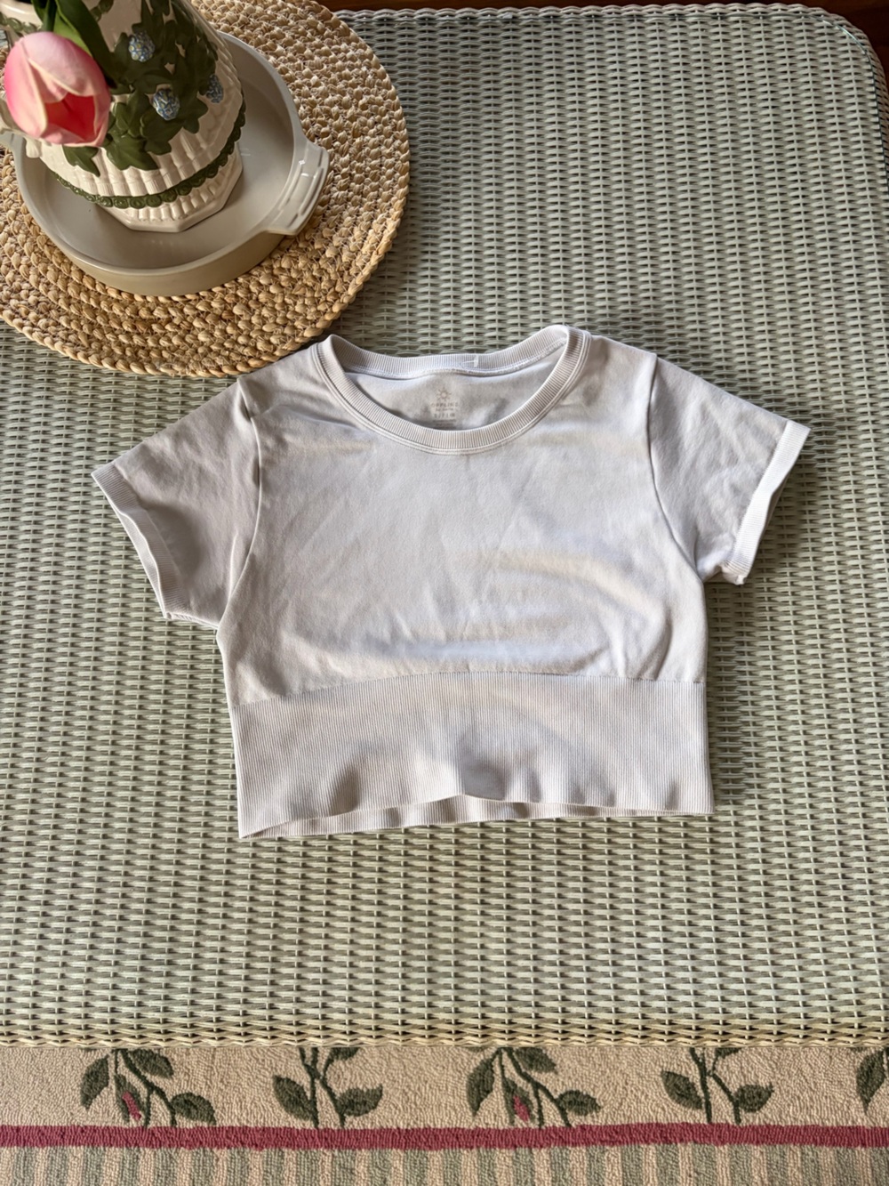 aerie White Cropped Short Sleeve Ribbed Hem Tee